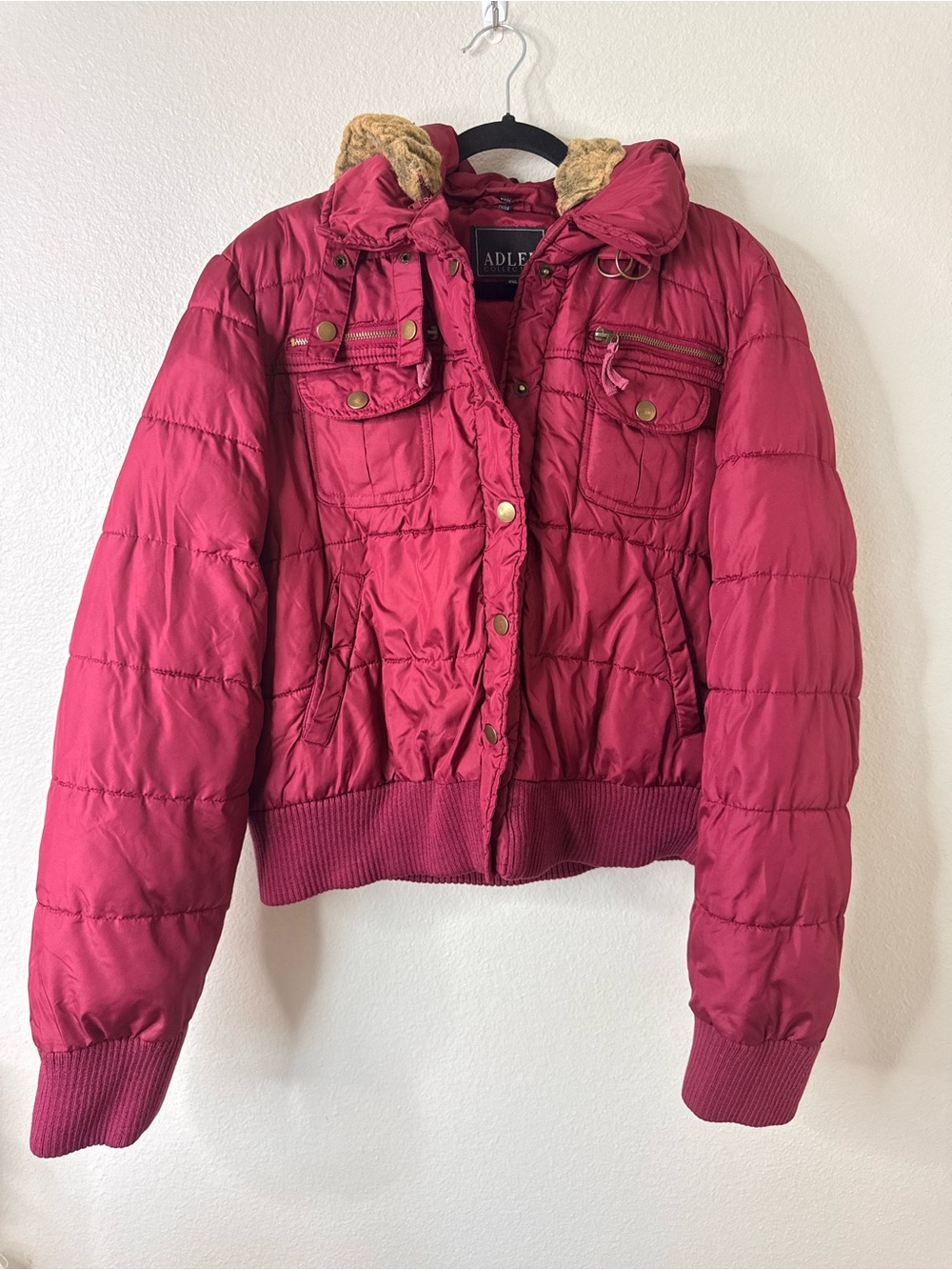 Adler Collection Women’s 2XL Burgundy Puffer Jacket Faux Fur Hood Y2K